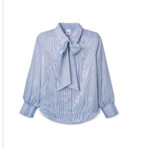 CAbi Blue Striped Blouse with Bow Tie